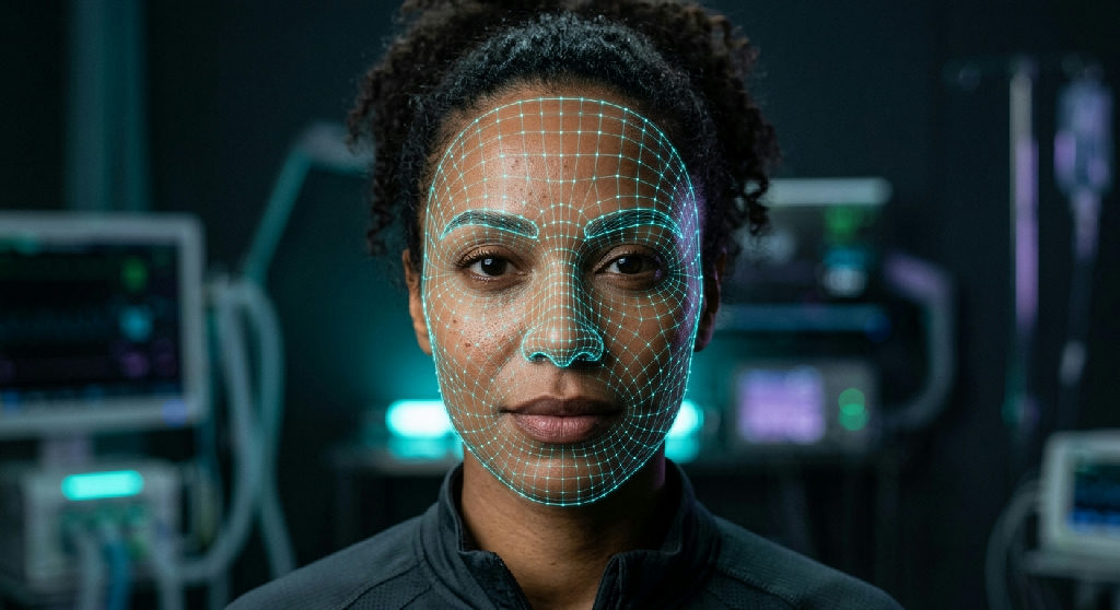 A face scan in progress: a luminous measurement mesh conforming to a woman's face